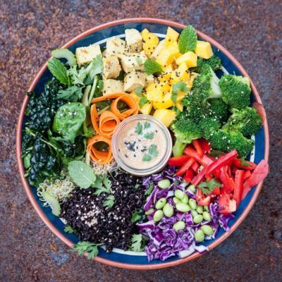 Buddha Bowl with black rice, tofu, vegetables and edamame