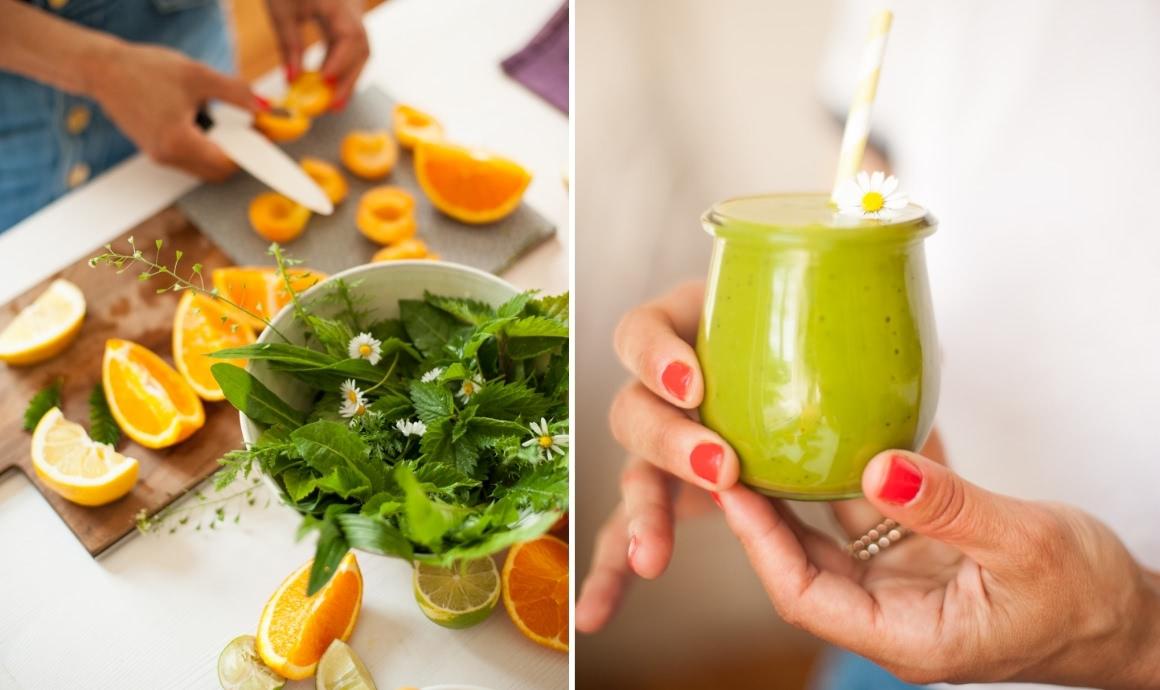 Preparation of a Detox Cleanse Smoothie with wild herbs and citrus fruits