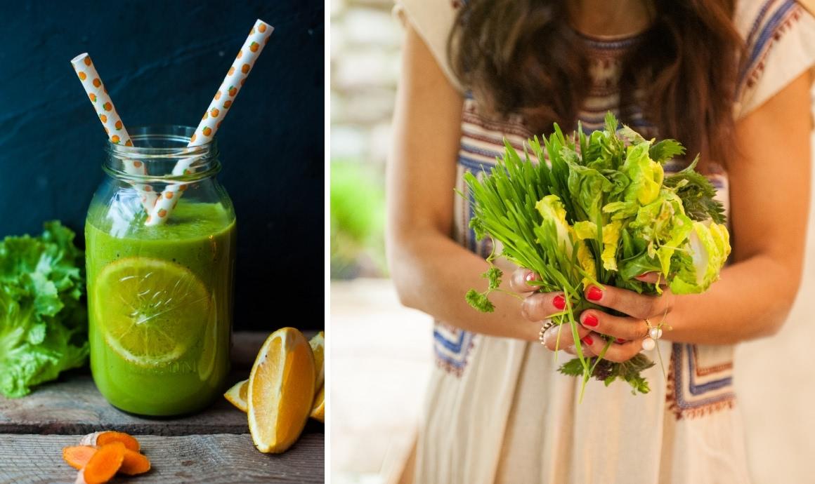 Collage of 2: Detox Smoothie with endive and turmeric on the left; Carla holds a blend of wheatgrass and wild herbs on the right.