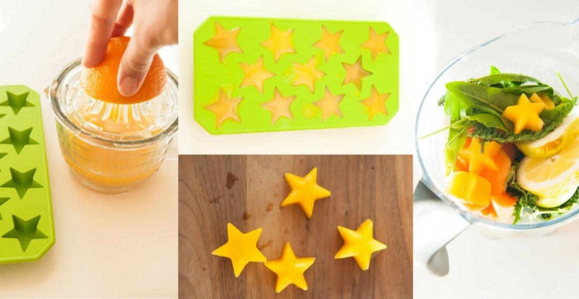 Collage with four photos on how to make orange juice ice cubes for green smoothies.