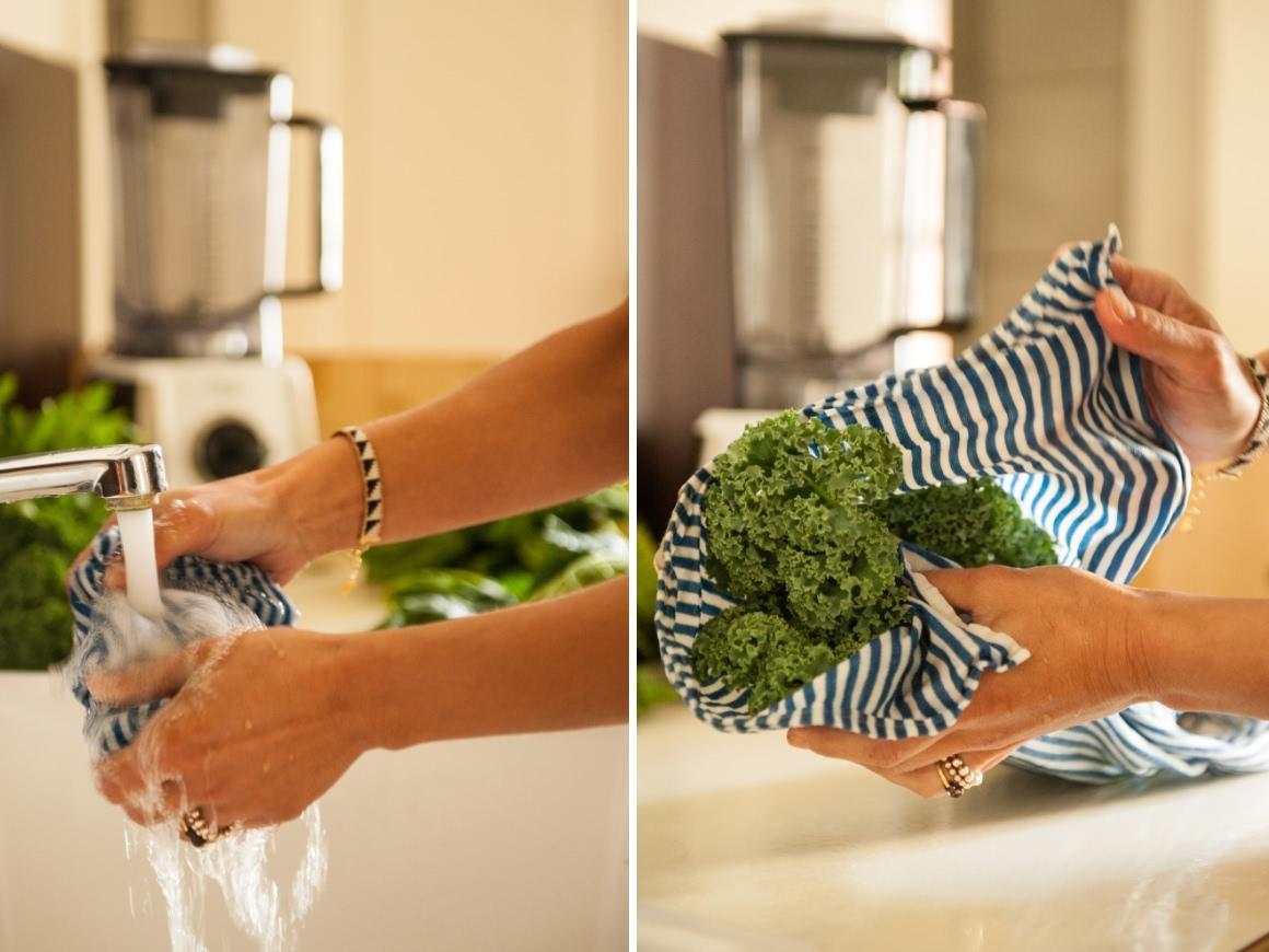 CCollage of 2 images shows how a woman moistens a cotton cloth with water and then wraps kale in it for storage in the refrigerator.