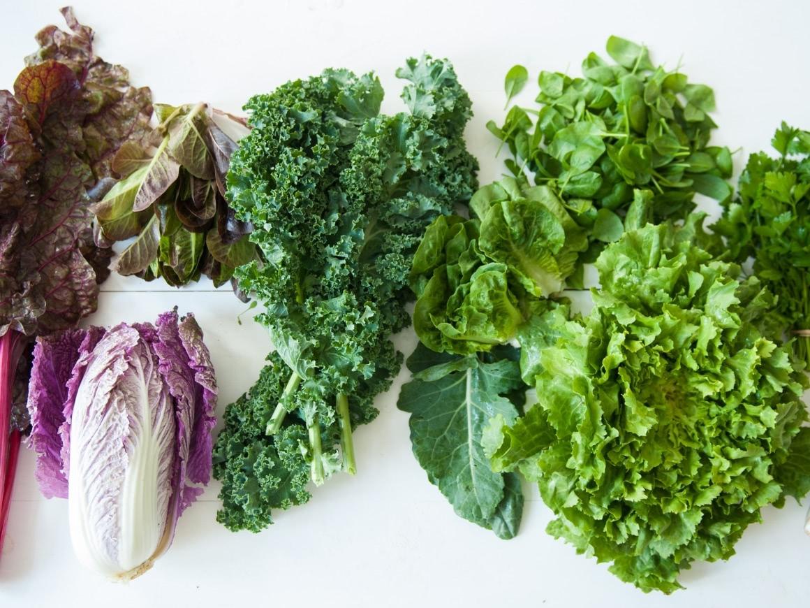 Different leafy greens, including kale, lamb's lettuce, endives