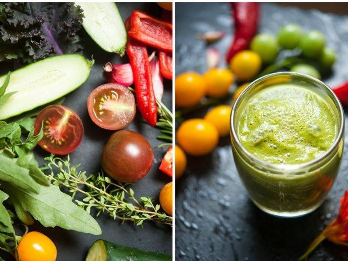 Collage of two images: on the left many ingredients including tomatoes, cucumber, chili. Right: green smoothies from hearty vegetable.