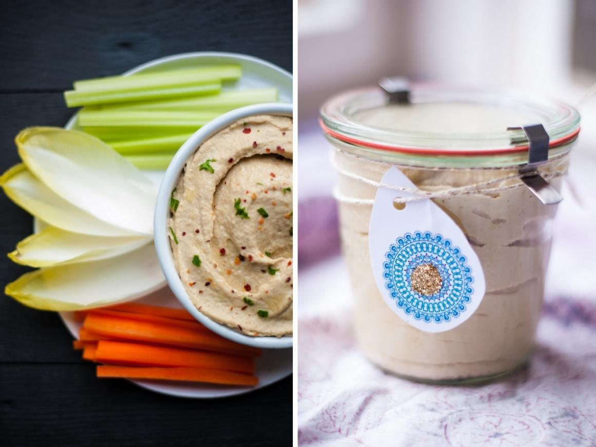 Collage of two pictures with hummus in a waffle jar and on a plate with sticks of from carrots, celery and chicory