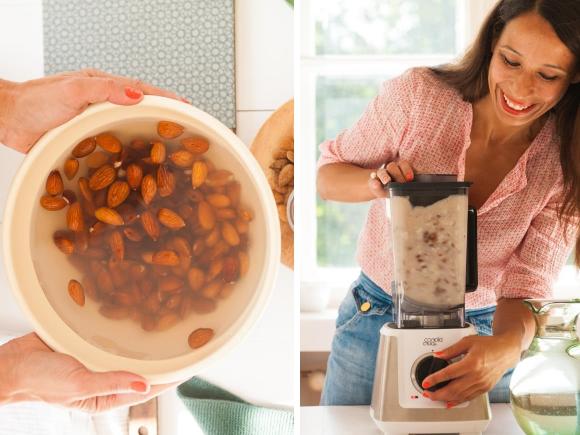 12 hours soaked almonds are pureed with fresh water in the Bianco Primo
