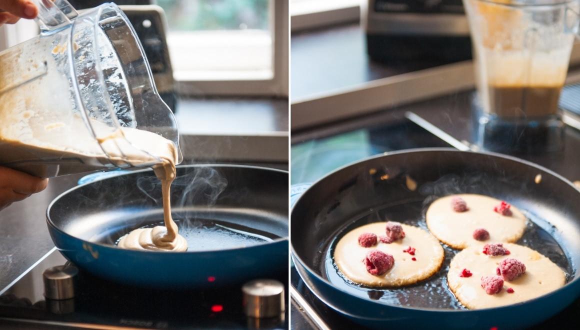 Prepare pancakes batter in blender and pour directly out of the blender container into the pan.