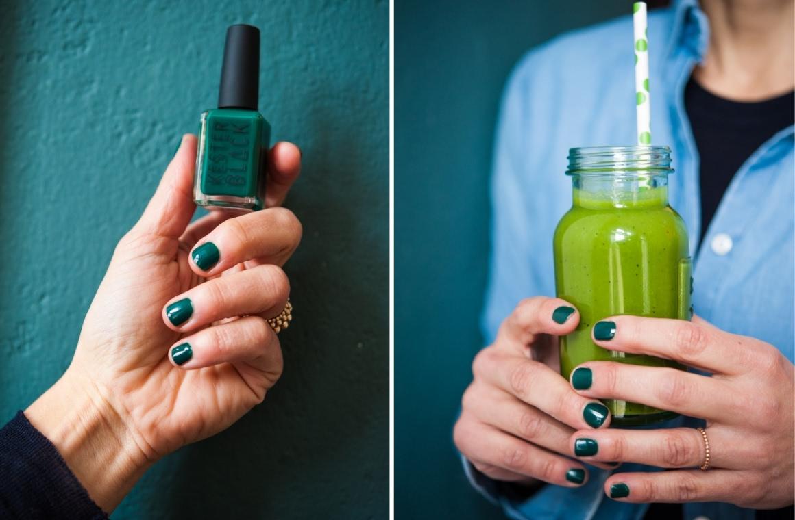 2s collage: left in green painted fingernails in front of green wall; right Carla with smoothie bottle with green dotted straw and green fingernails