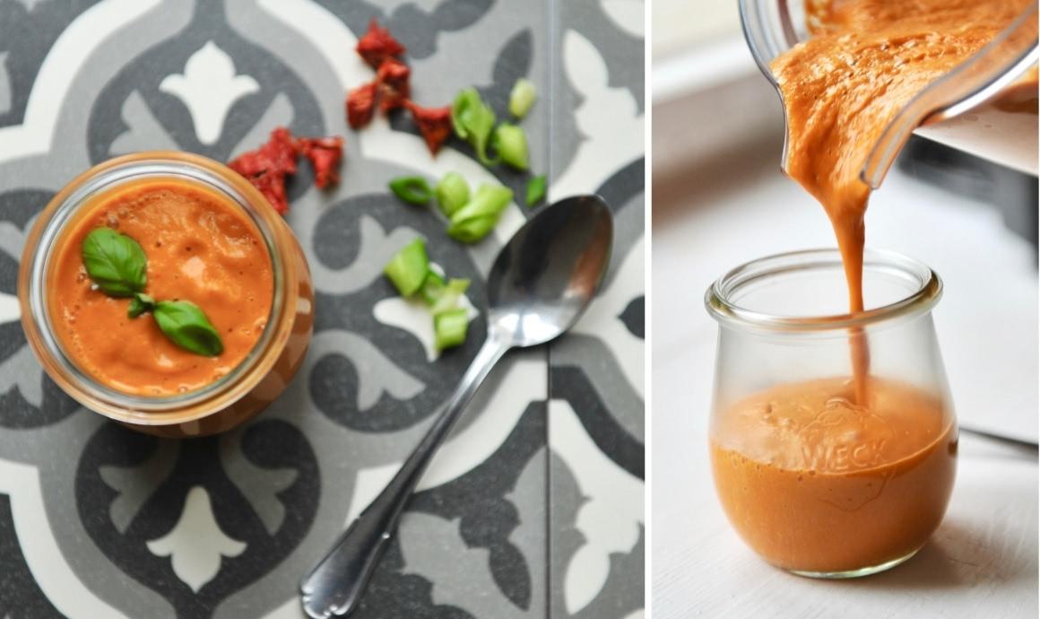  tomato cream soup in a container and how it is poured out of your blender