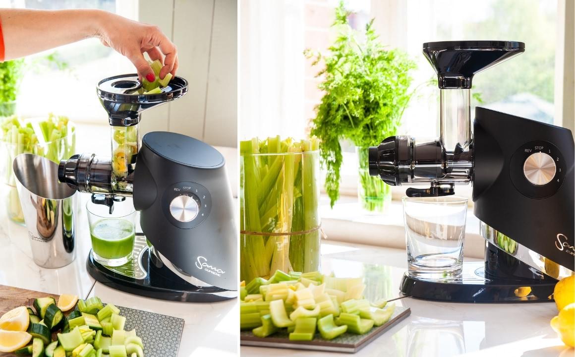 Cut celery stalks into small pieces before juicing them in the Sana Supreme 727