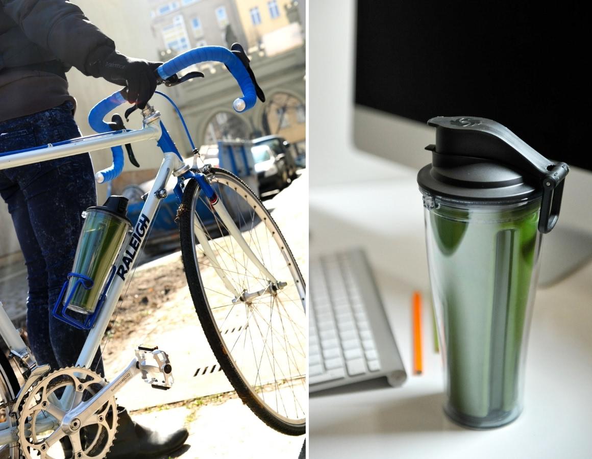 Green smoothie in Vitamix S30 to-go container on the go with a bike