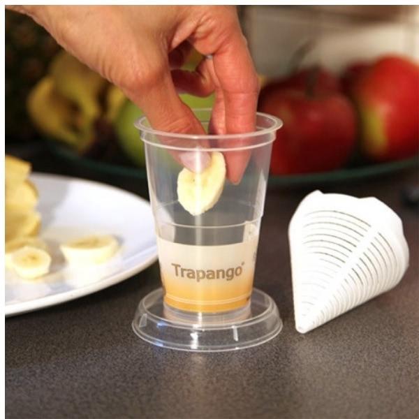 The Trapango fruit fly live trap is baited with a piece of banana.